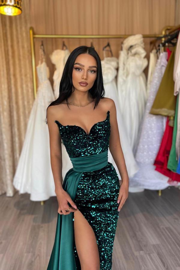 Abendkleider Grün Lang Abiballkleid mit Glitzer