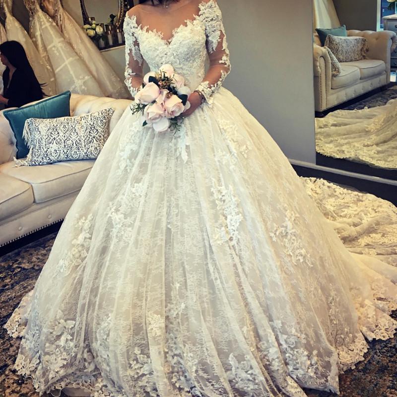 Günstig Hochzeitskleider Prinzessin Weiße Spitze Brautkleider Online