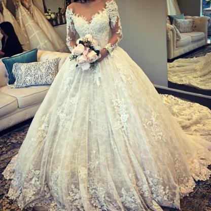 Günstig Hochzeitskleider Prinzessin Weiße Spitze Brautkleider Online
