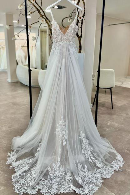 Schlichte Brautkleder A-Linie mit Spitze Hochzeitskleider Tüll