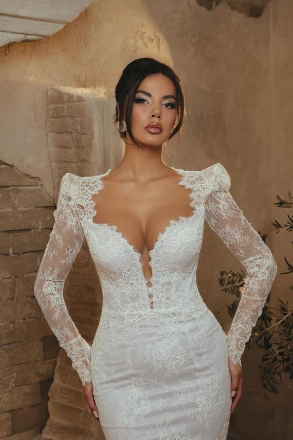 Elegante Brautkleider mit Ärmel | Hochzeitskleider Spitze Meerjungfrau