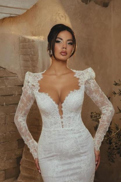 Elegante Brautkleider mit Ärmel | Hochzeitskleider Spitze Meerjungfrau