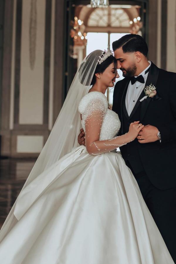 Designer Brautkleider Satin | Glitzer Hochzeitskleider mit Ärmel