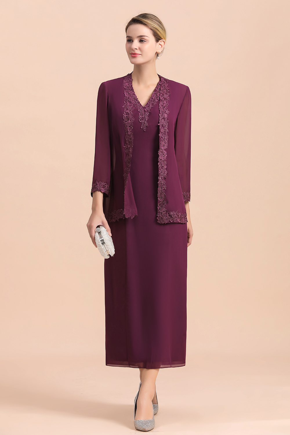 Grape Brautmutterkleider mit Jacket | Chiffon Kleider Brautmutter Suit-Misshow.de