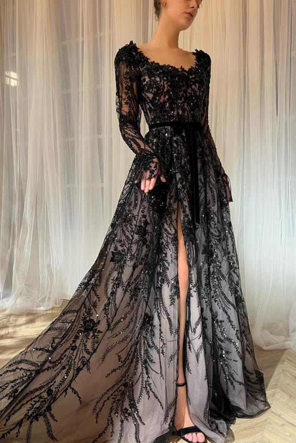 Vintage Brautkleider Schwarz | Hochzeitskleider A Linie Spitze-Misshow.de