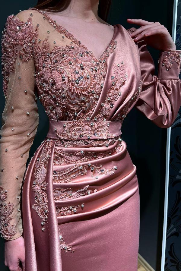 Schönes Abendkleid Lang Rosa | Abiballkleider mit Ärmel