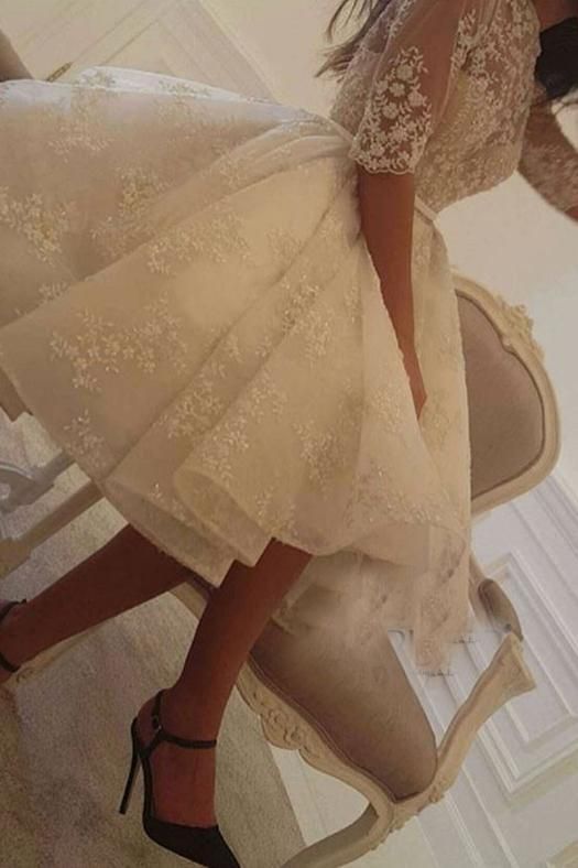 Elegante Hochzeitskleider A Linie Spitze | Kurze Brautkleider mit Ärmel-Misshow.de