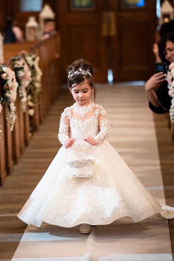 Elegante Blumenmädchenkleider mit Ärmel | Kinder Hochzeitskleider