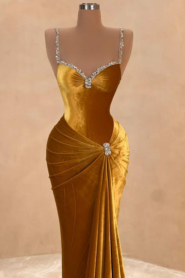 Schlichtes Abendkleid Gold Abiballkleider Velvet online-Misshow.de