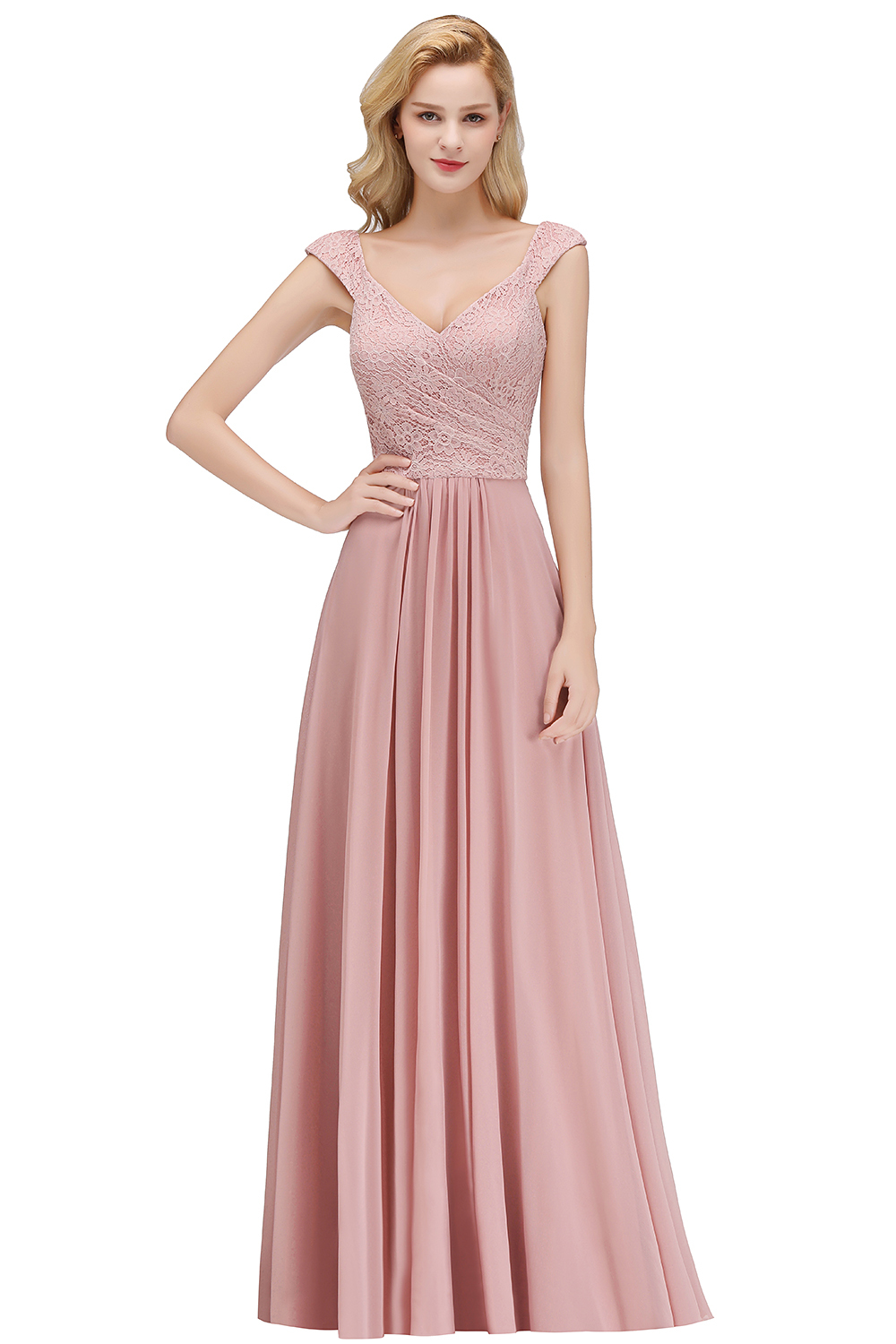 Fashion Brautjungfernkleider Rosa Spitze Chiffon Lang Altrosa Kleider Brautjungfer