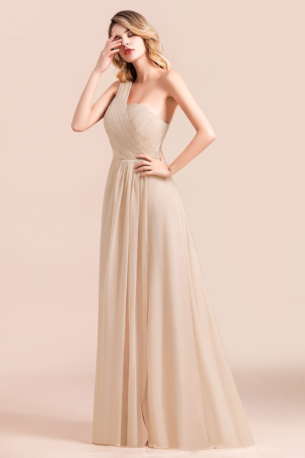 Elegante Chiffon Kleider | Champagne Brautjunfgernkleider Lang Günstig