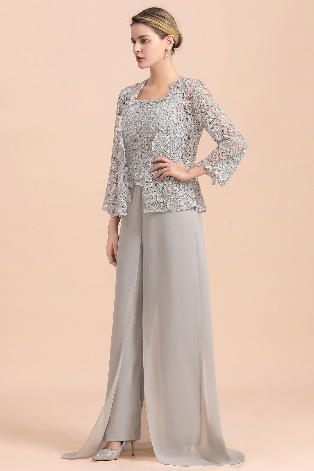 Silber Brautmutterkleid mit Jacket | 3 Teilige Brautmutterkleider-Misshow.de