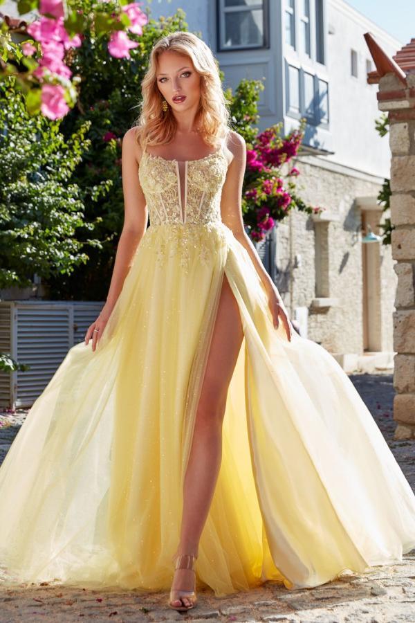 Designer Abendkleider Lang Gelb | Abiballkleider mit Glitzer