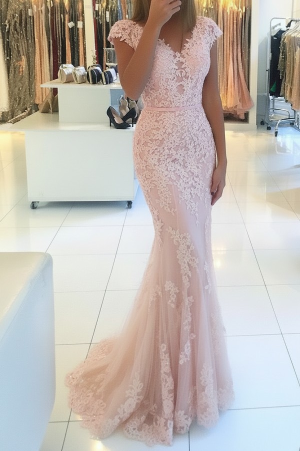 Elegante Rosa Abendkleider Lang Günstig Spitze Bodenlange Abiballkleider Abendmoden