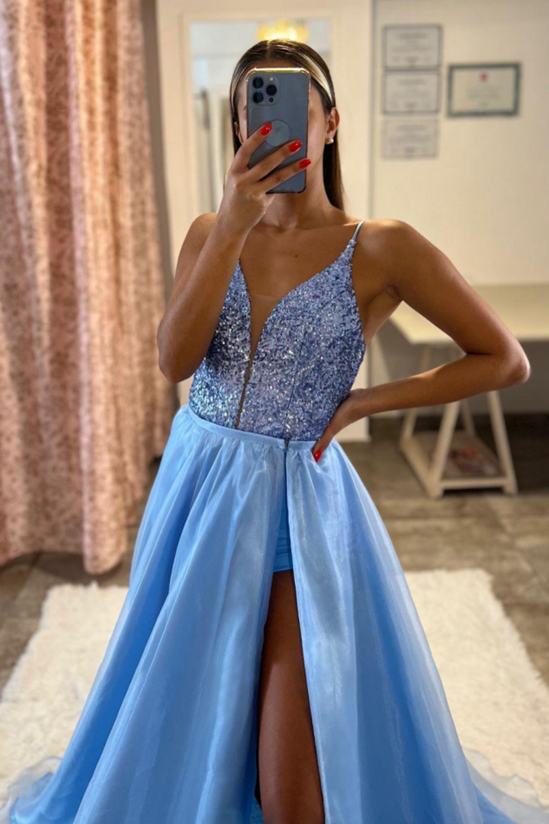 Elegante Abendkleider Lang Blau | Abiballkleider mit Glitzer