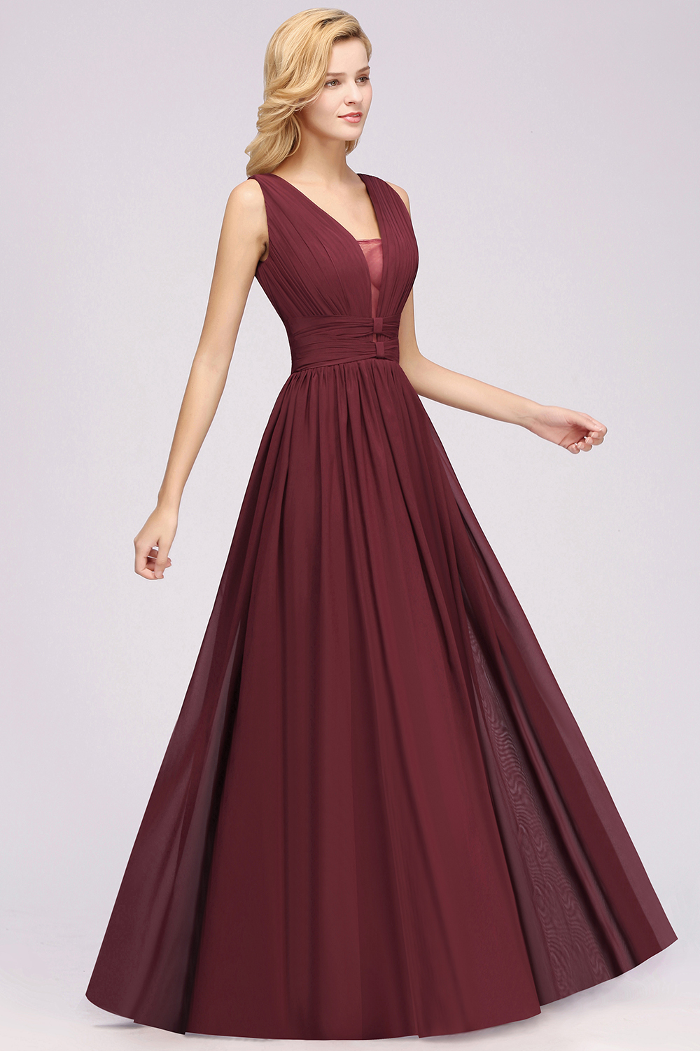 Weinrot Brautjungfernkleider Lang Chiffon | Abendkleider V Auschnitt
