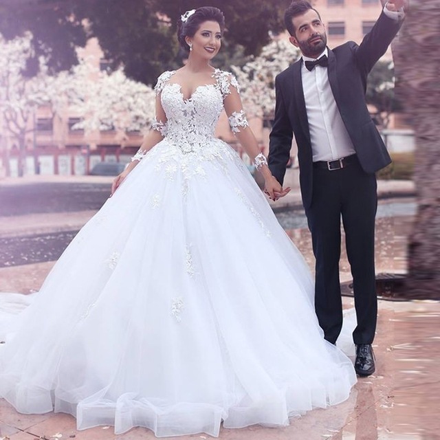 Designer Weiß Brautkleider Lang Ärmel Mit Spitze Prinzessin Organza Hochzeitskleider