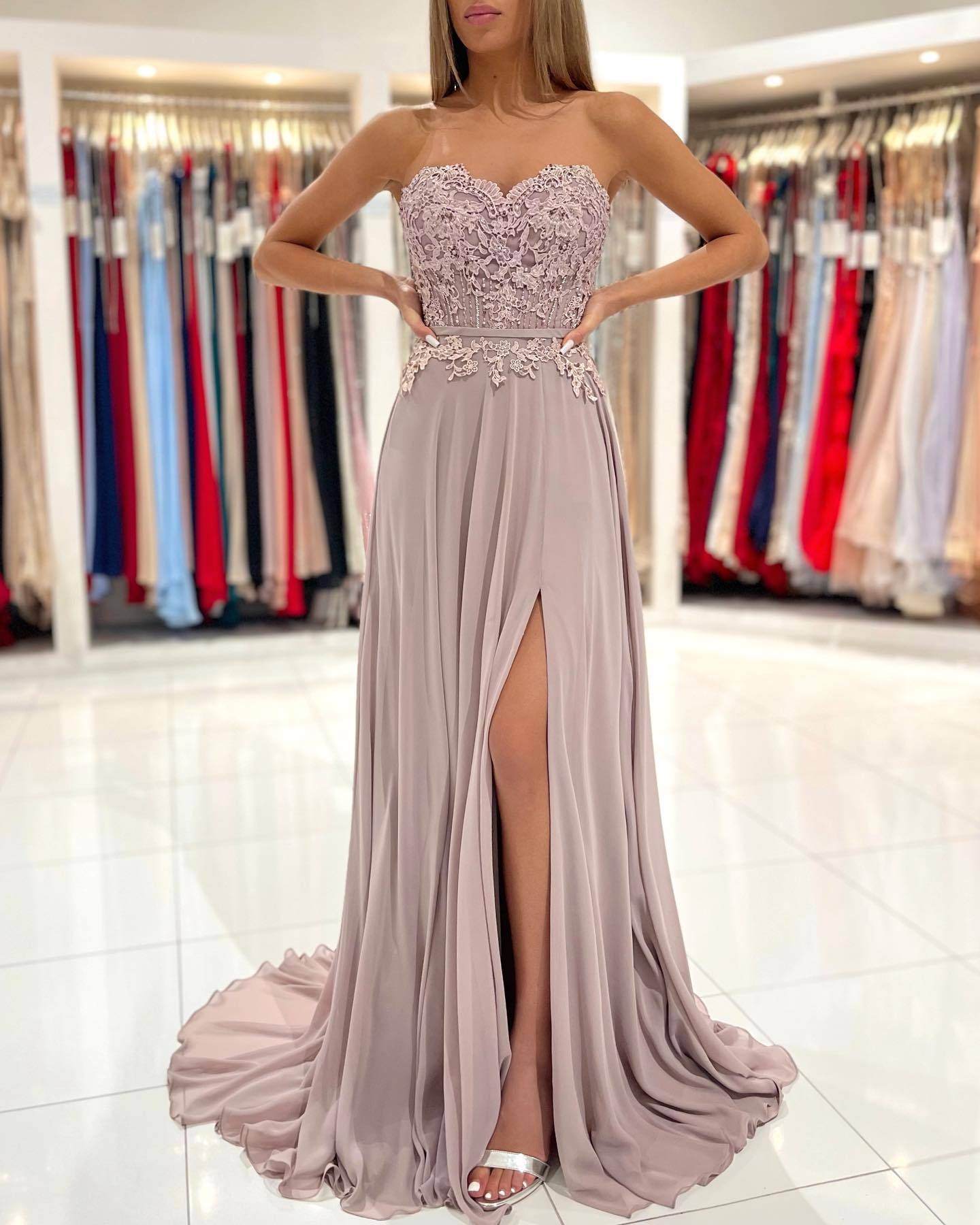 Dunsty Rosa Abendkleider Lang Chiffon | Abiballkleider mit Spitze