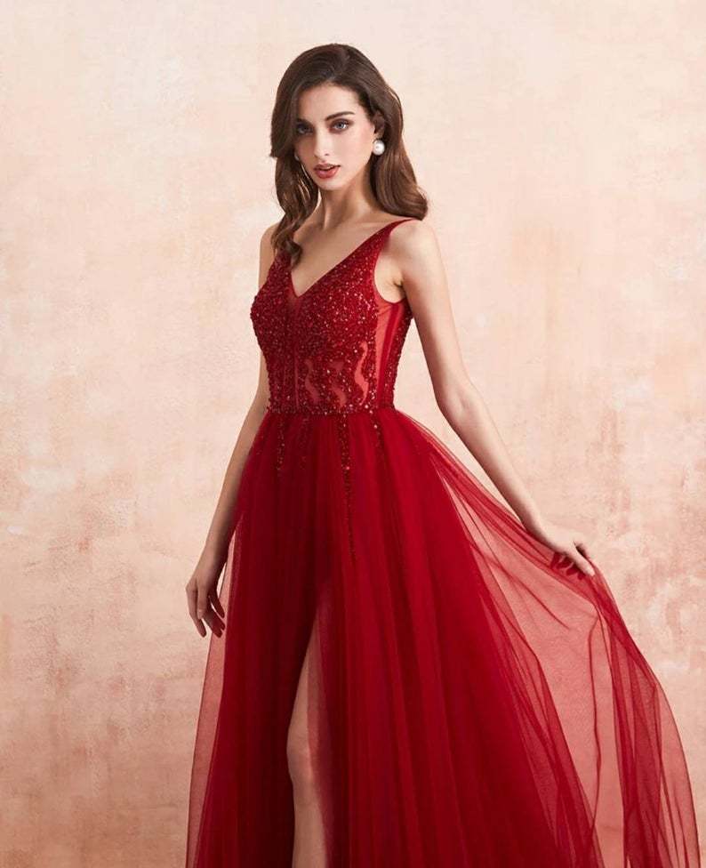 Abendkleider Lang Rot | Abiballkleid mit Glitzer