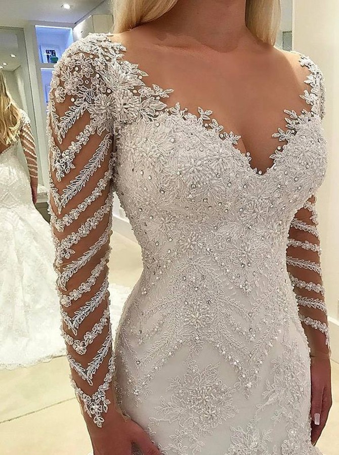 Elegante Weiße Brautkleider Spitze Günstig Hochzeitskleider Mit Ärmel-Misshow.de