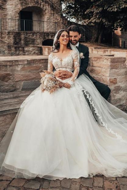 Brautkleider mit Ärmel | Hochzeitskleider A Linie Spitze