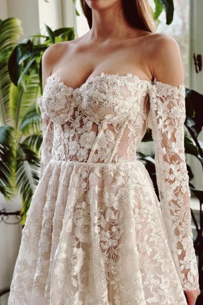 Elegante Brautkleider A Linie Spitze | Hochzeitskleider mit Ärmel