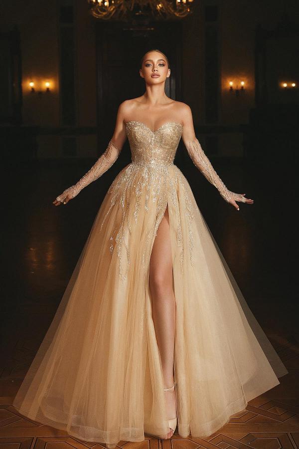 Champagner Brautkleider mit Glitzer | Hochzeitskleider A Linie Spitze