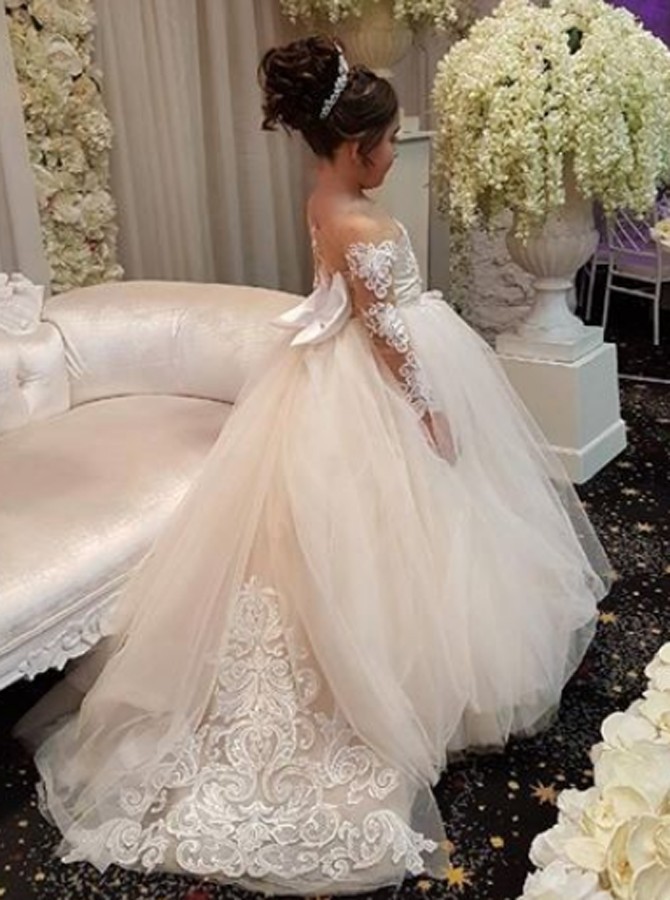 Günstige Blumenmädchenkleider Mit Ärmel Spitze A Line Tüll Kleider für Blumenmädchen Hochzeitskleider