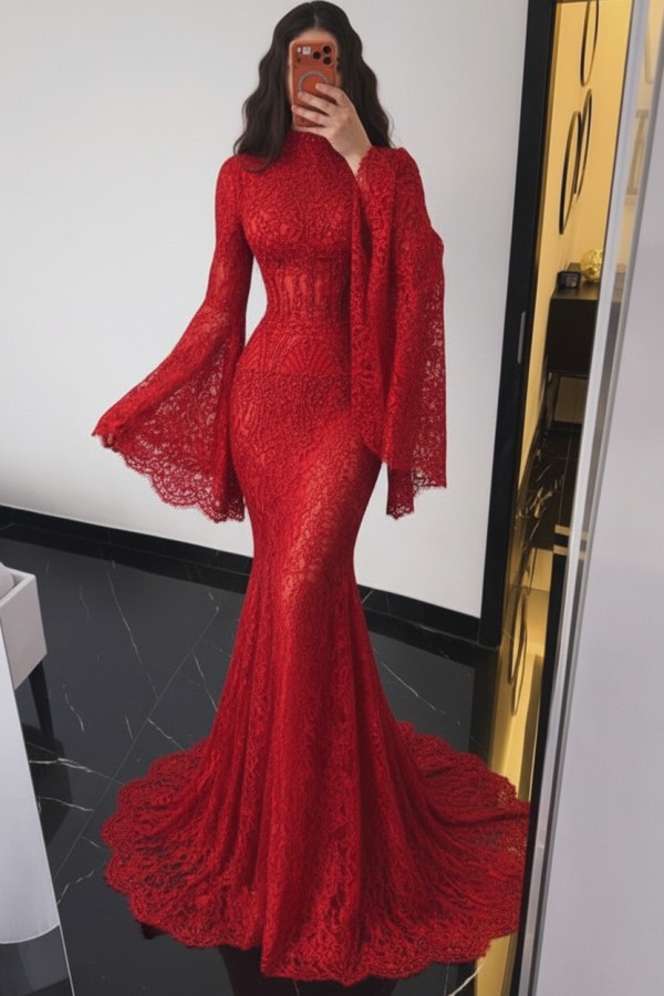 Braun Abendkleider Lang Spitze Meerjungfrau Ballkleid mit Ärmel