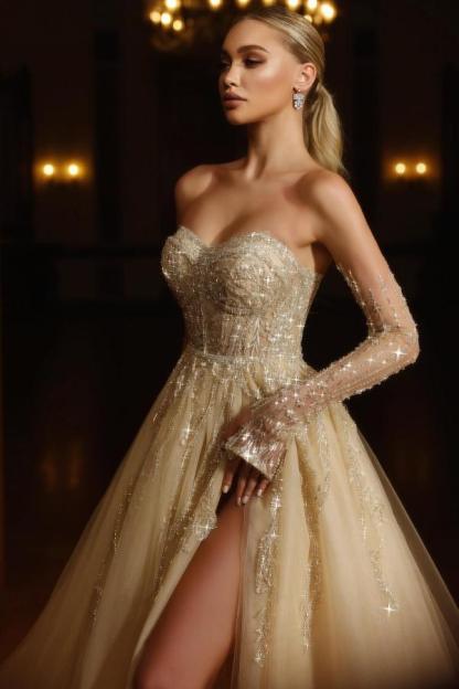 Champagner Brautkleider mit Glitzer | Hochzeitskleider A Linie Spitze