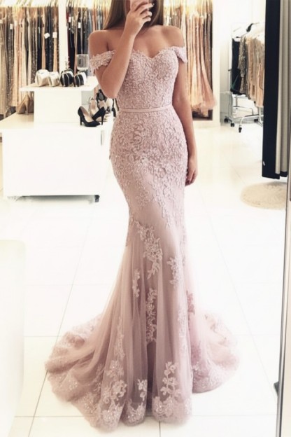 Rot Lange Abendkleider Spitze Perlen Schulterfrei Meerjungfrau Abibllkleider Partykleider BA3809