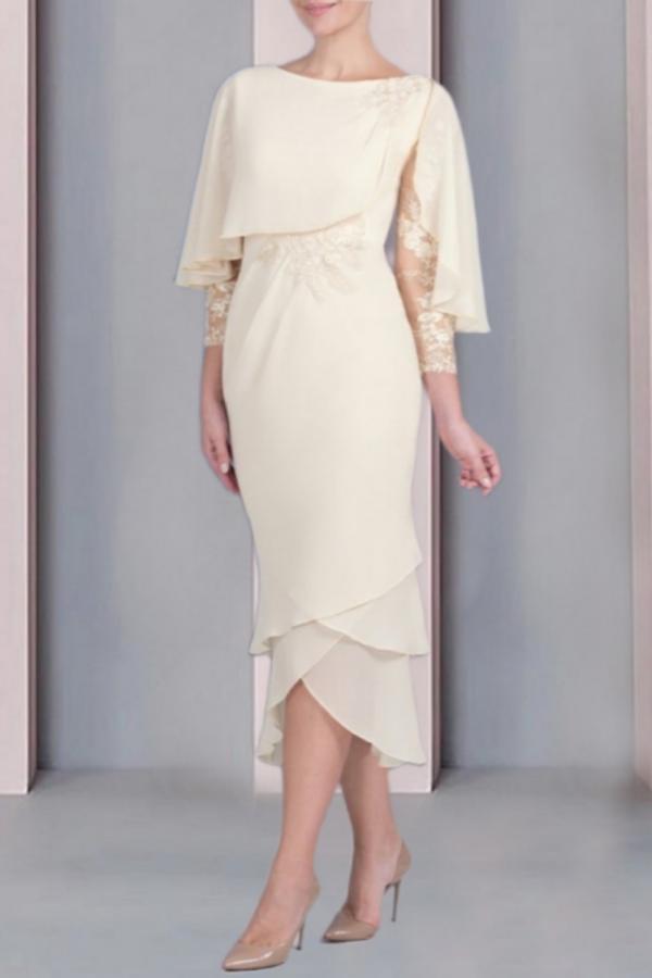 Champagner Brautmutterkleider Kurz | Chiffon Kleider mit Ärmel