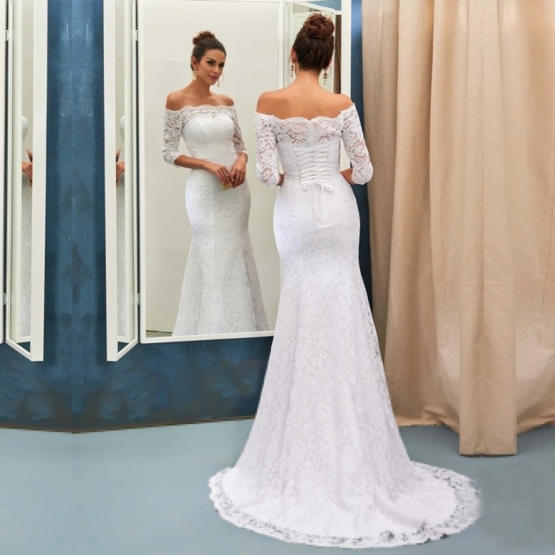 Weiß Brautkleider Lang Ärmel Spitze Meerjungfrau Brautmoden Hochzeitskleider-Misshow.de
