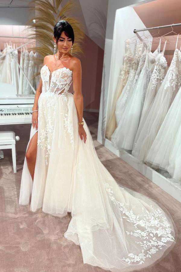 Sexy Brautkleider Cream | Hochzeitskleider A Linie Mit Spitze-Misshow.de