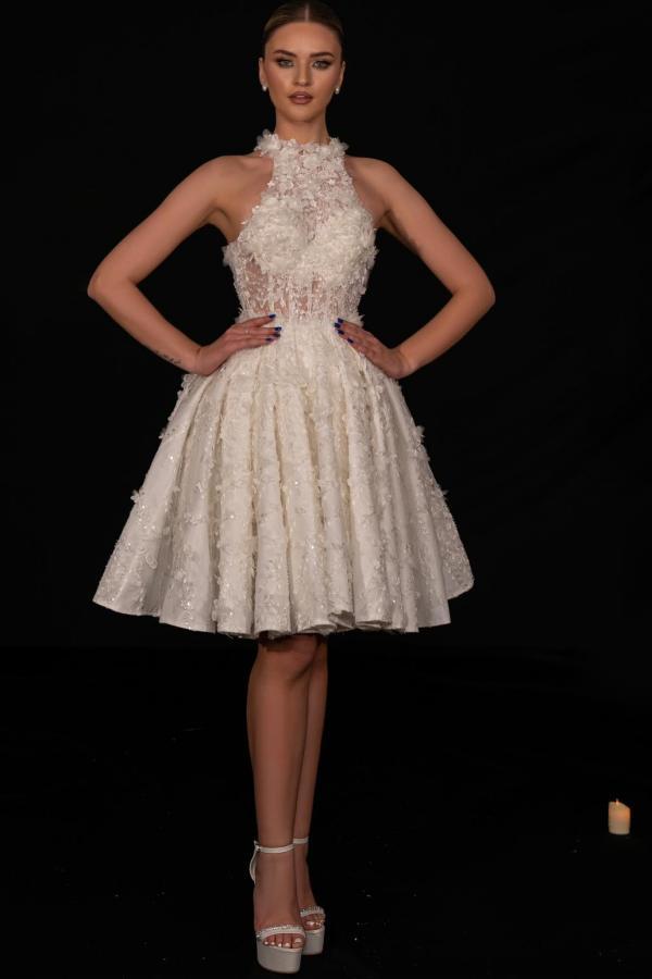 Creme Brautkleider A Linie Spitze | Kurze Hochzeitskleider mit Glitzer