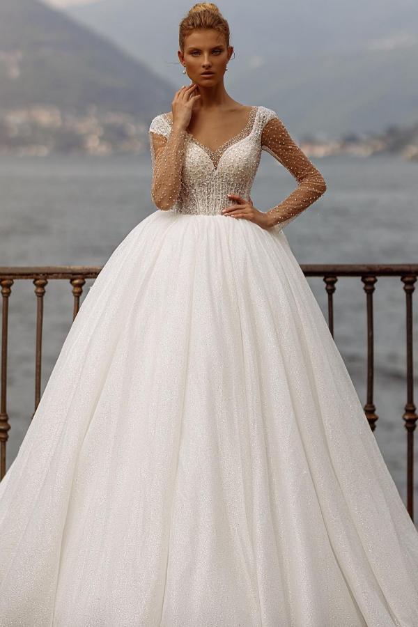 Extravagante Brautkleider Mit Ärmel | Prinzessin Hochzeitskleider mit Glitzer
