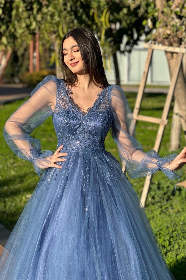 Elegante Abendkleider Lang V Ausschnitt | Blaue Abiballkleider Günstig-Misshow.de