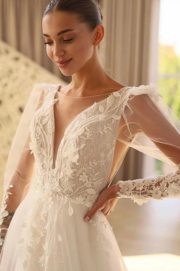 Wunderschöne Brautkleider V Ausschnitt | A Linie Hochzeitskleider mit Ärmel