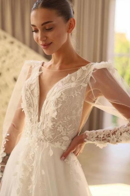 Wunderschöne Brautkleider V Ausschnitt | A Linie Hochzeitskleider mit Ärmel