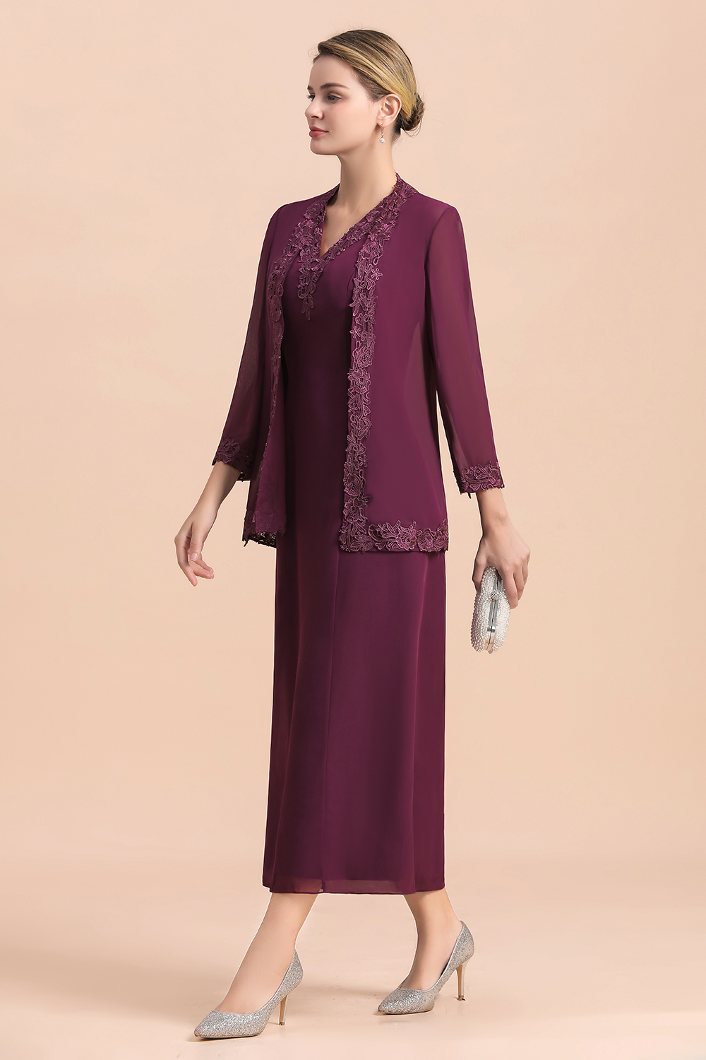 Grape Brautmutterkleider mit Jacket | Chiffon Kleider Brautmutter Suit-Misshow.de