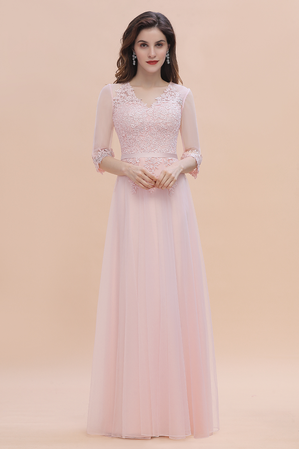 Brautjungfernkleider Lang Rosa | Chiffon Kleider Mit Spitzen Ärmel-Misshow.de