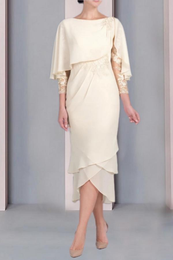 Champagner Brautmutterkleider Kurz | Chiffon Kleider mit Ärmel