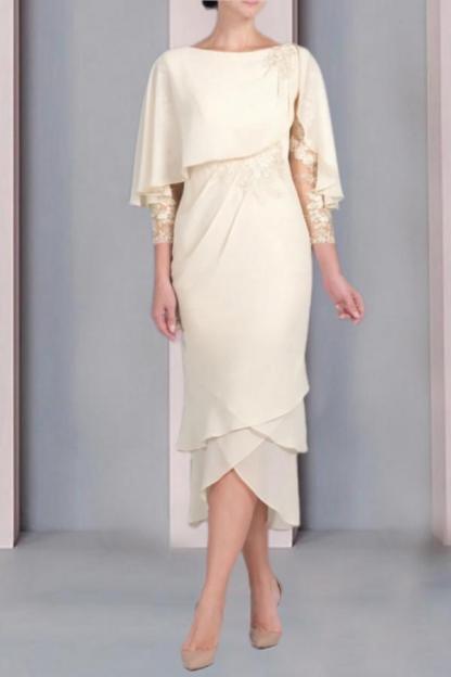 Champagner Brautmutterkleider Kurz | Chiffon Kleider mit Ärmel
