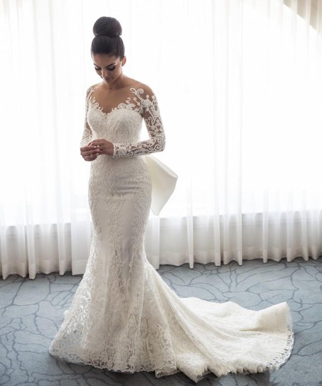 Designer Weiße Hochzeitskleider Spitze Mit Ärmel A Linie Brautkleider Günstig-Misshow.de