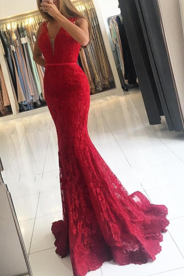 Rotes Abendkleid Lang V Ausschnitt | Abiballkleider mit Spitze-Misshow.de
