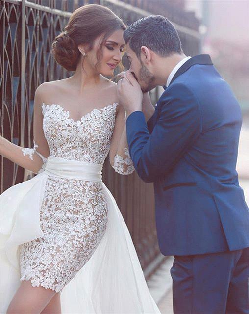 Weiß Brautkleider Spitze Kurz Lang Tüll Brautmoden Hochzeitskleider