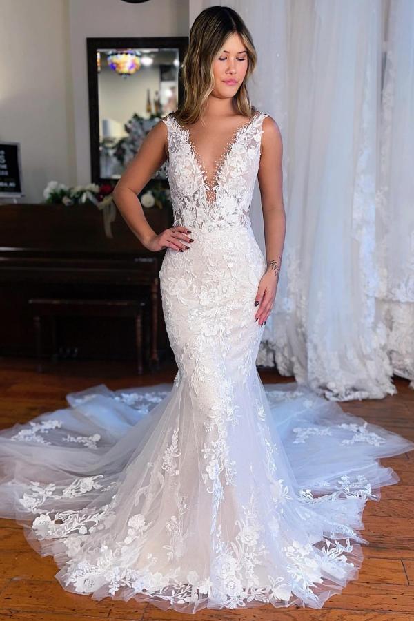 Sexy Hochzeitskleider V Ausschnitt | Brautkleid Spitze Meerjungfrau Stil
