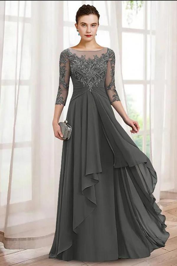 Schöne Brautmutterkleider Lang Chiffon Kleider mit Ärmel Brautmutter-Misshow.de