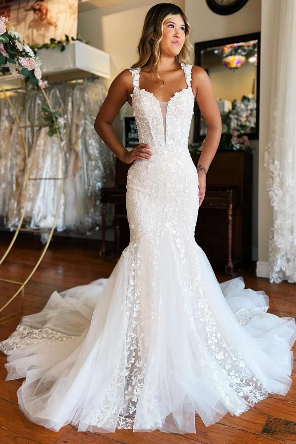 Fashion Hochzeitskleider mit Spitze | Creme Brautkleid Meerjungfrau Stil
