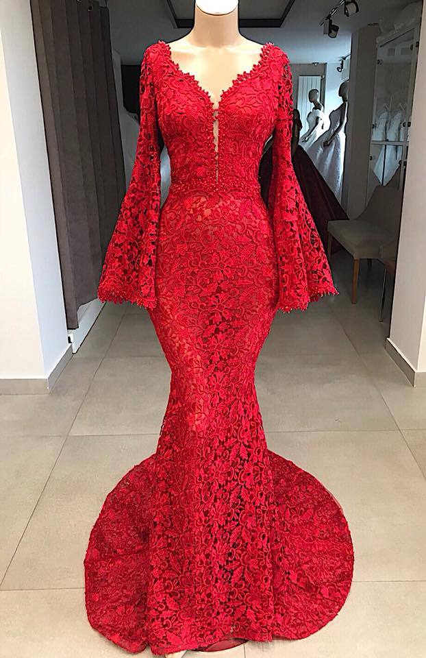 Fashion Abendkleider Lang Rot Spitze | Abendkleid Mit Ärmel